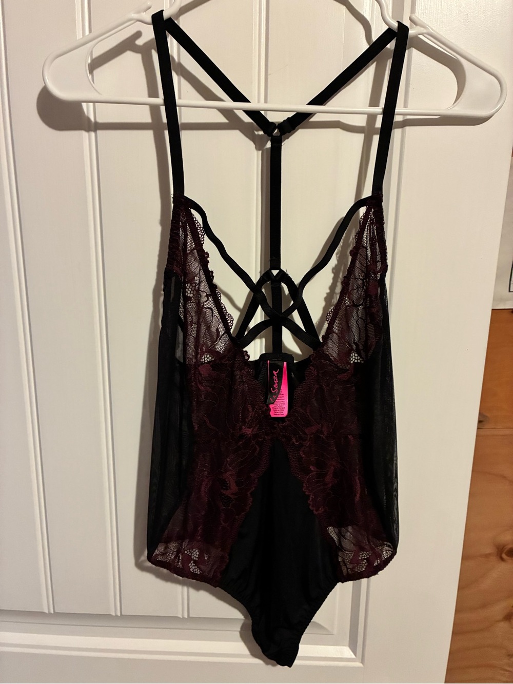La SENZA Burgundy Lace & Black Mesh Strappy Teddy